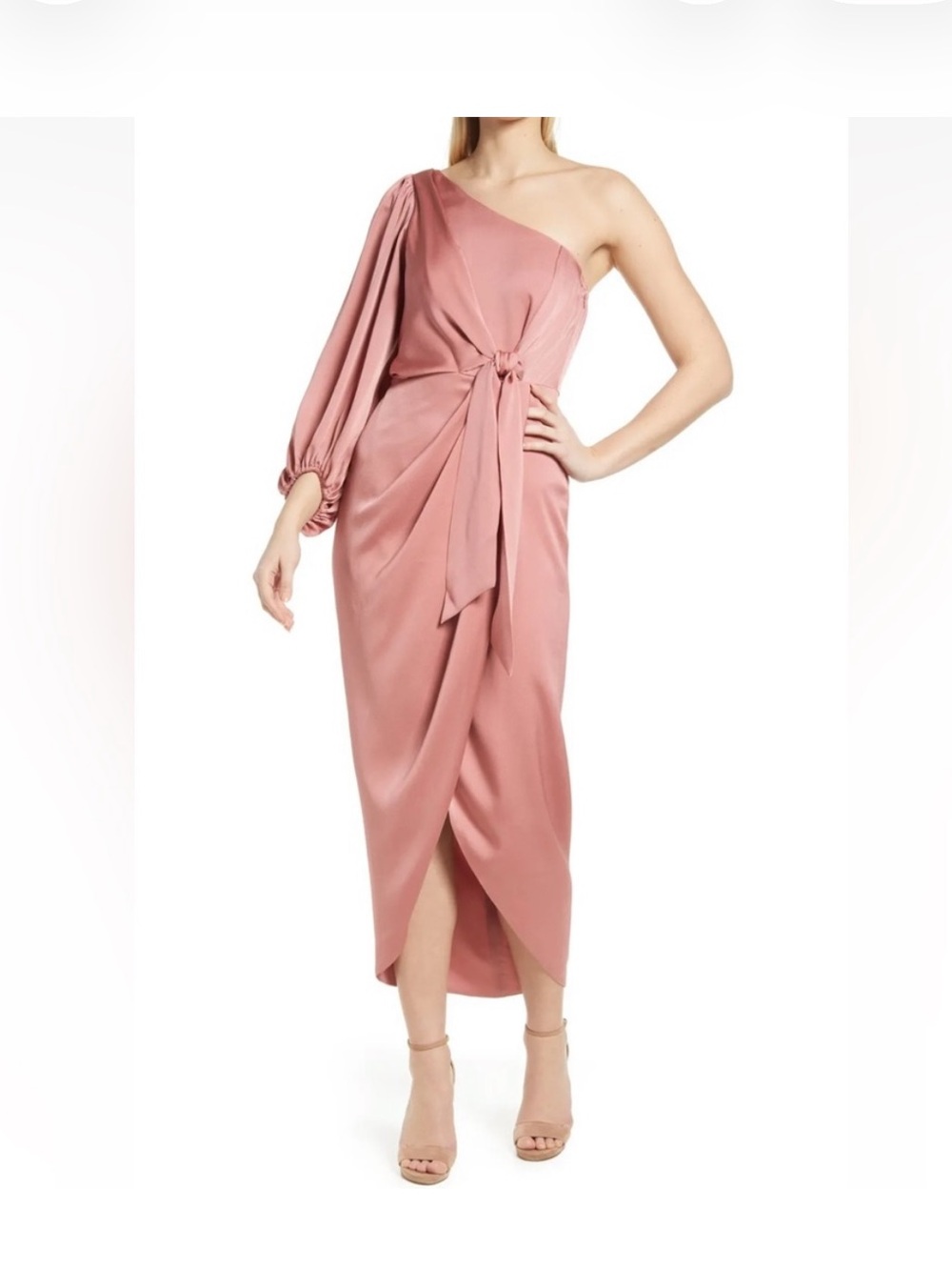 Shona Joy Rose Satin Luxe Tie Front One-Shoulder Asymmetrical Gown NWT Size 6